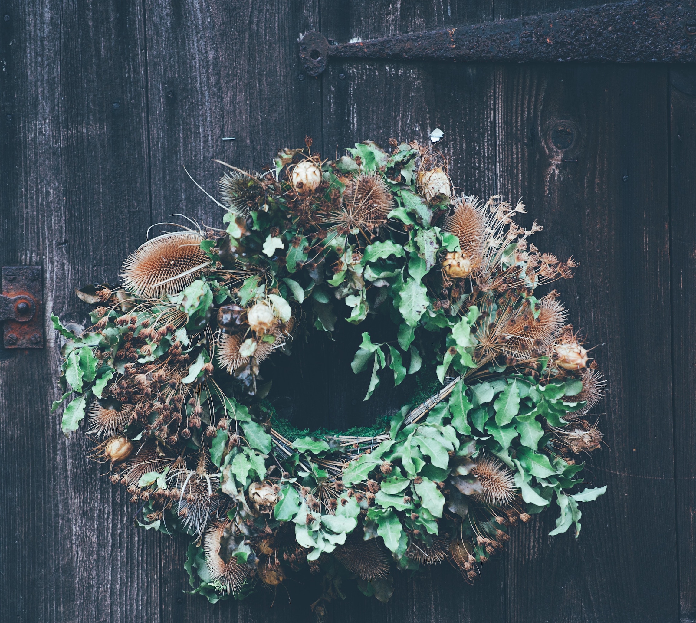wreath on wooden door