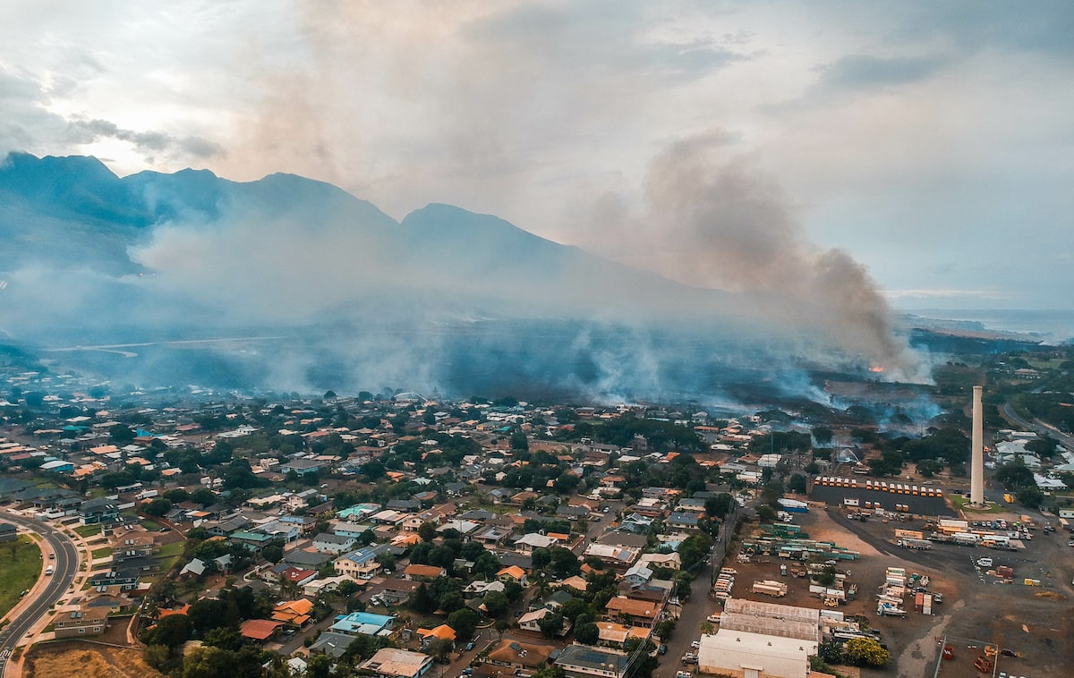 Maui, Hawaii, brush fire aerial view with billowing smoke