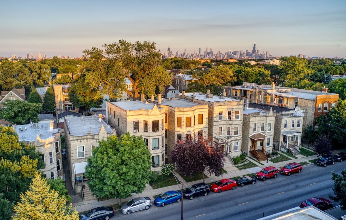 Aerial view of historic neighborhood outside Chicago