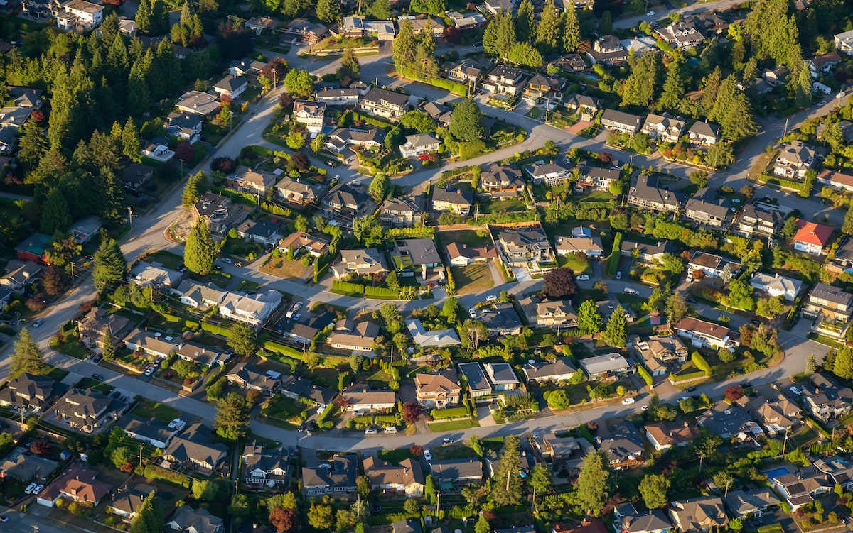 Aerial view of residential community of homes