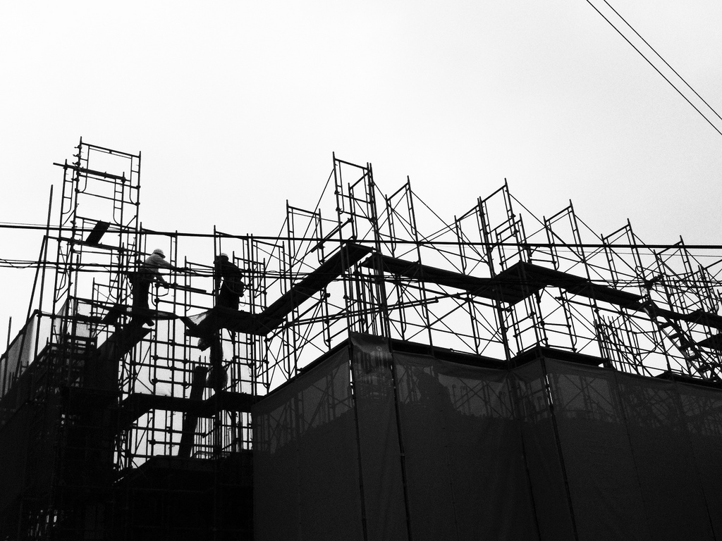 Scaffolding around a home construction site