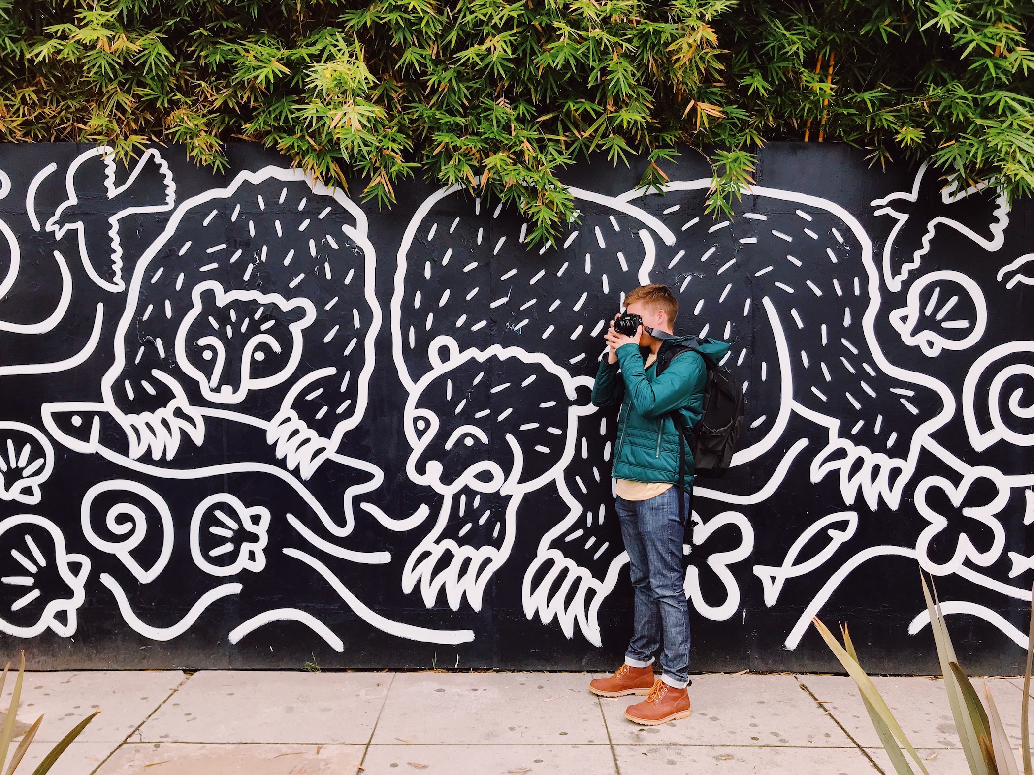 Man taking photo by mural