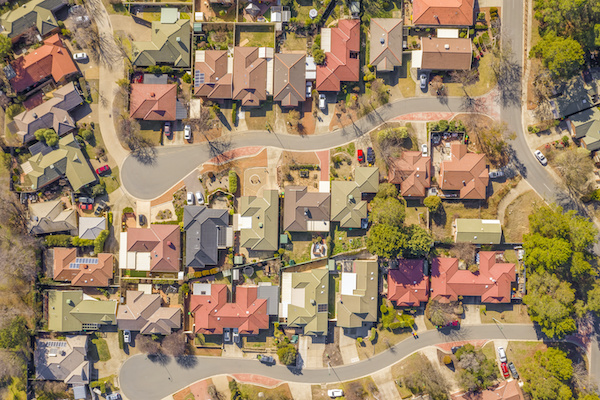 aerial of homes in a neighborhood