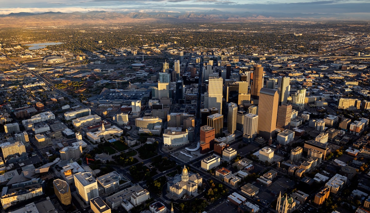 Downtown Denver and surrounding suburbs at dusk