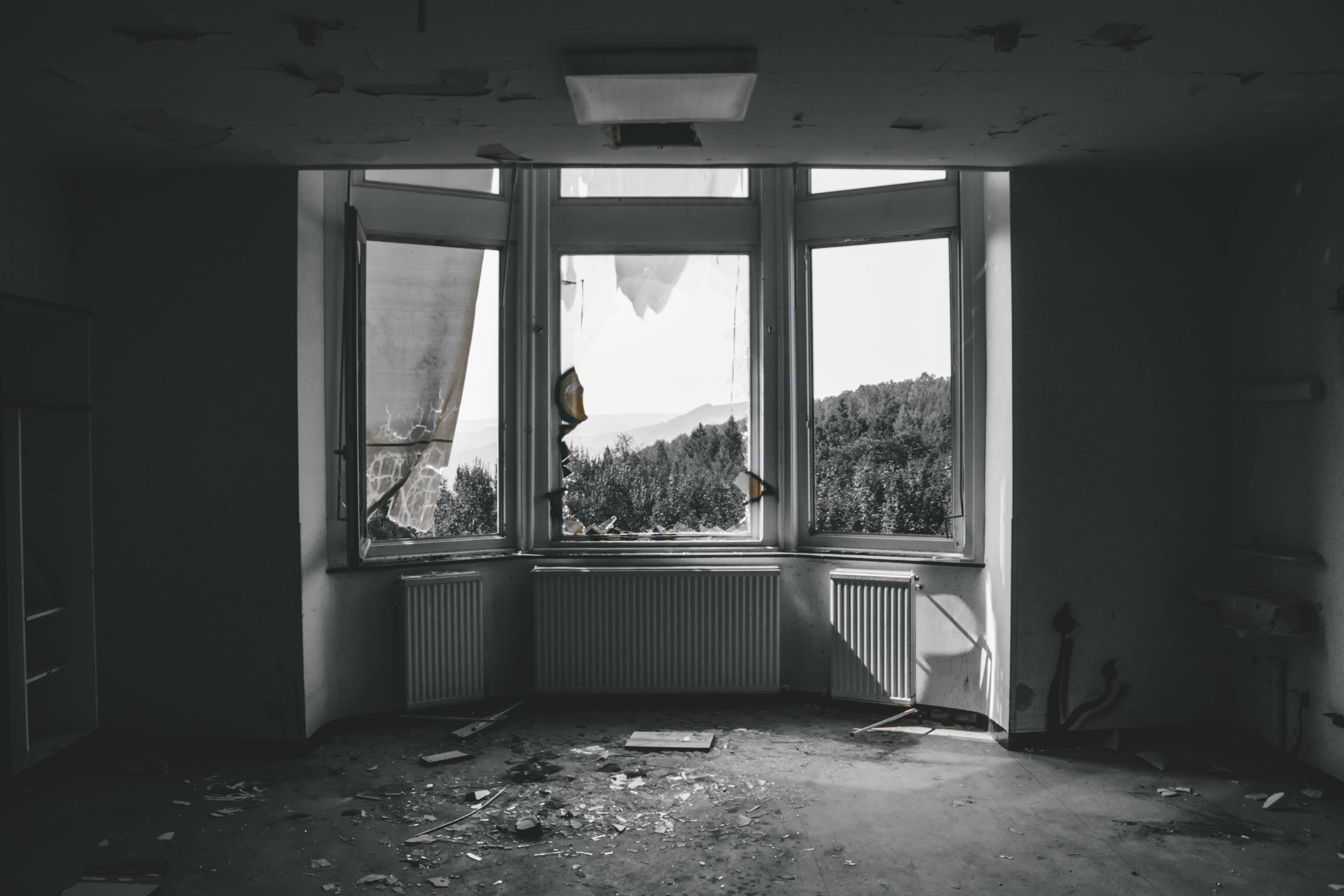 black and white Interior of abandoned house