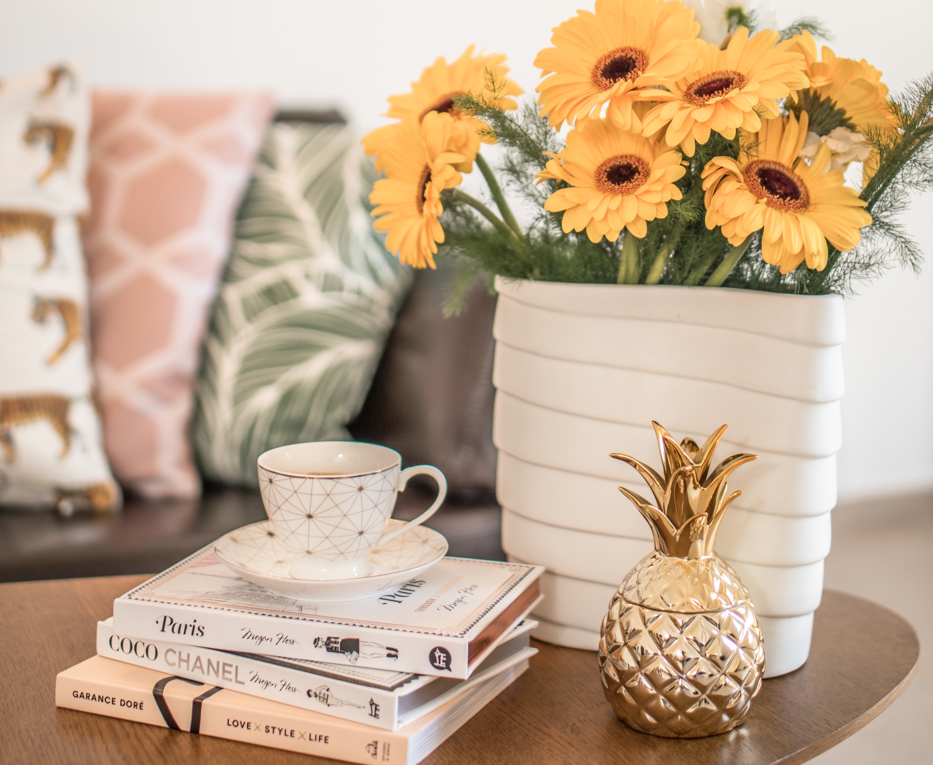 Flowers and books on table in living room