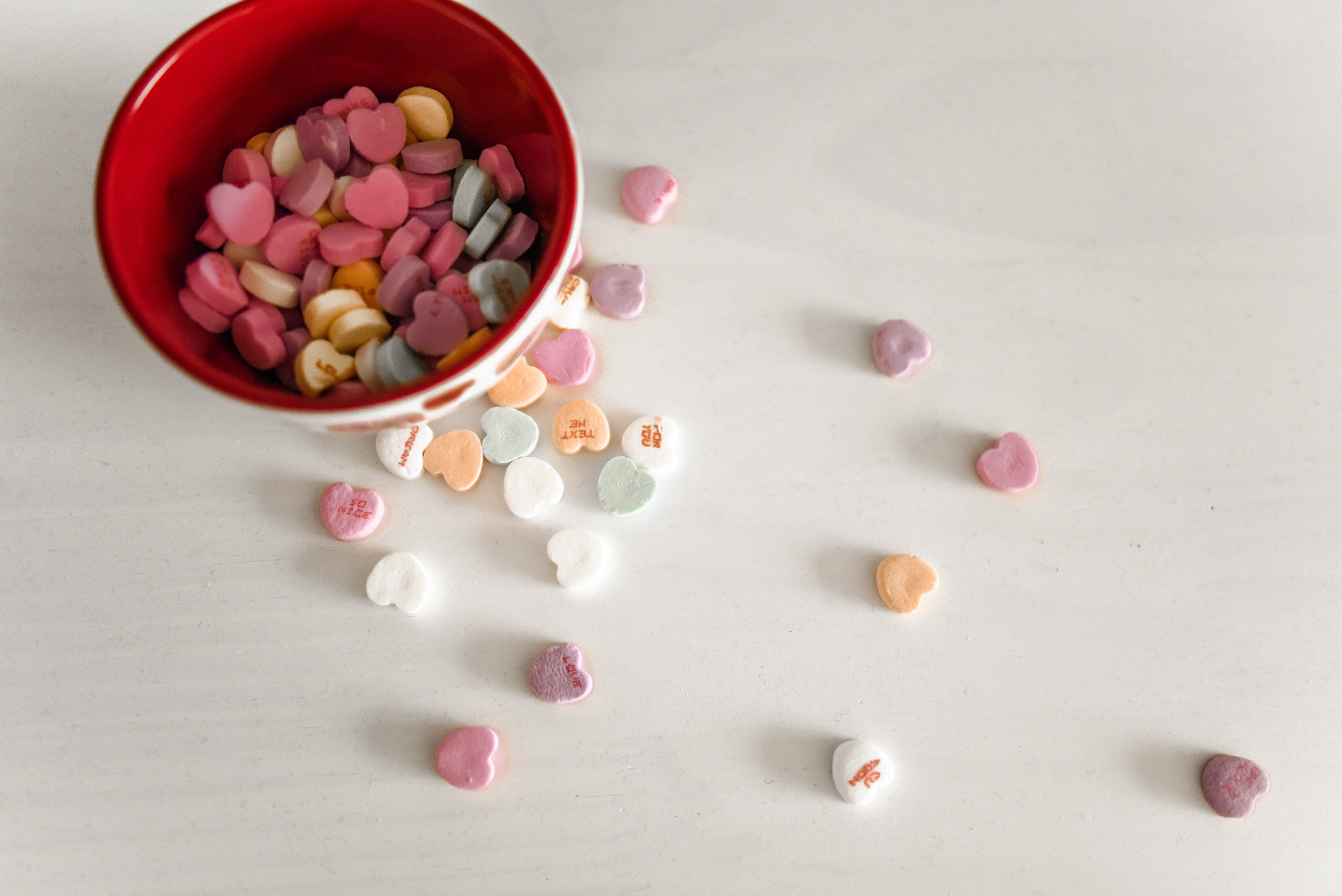 Candy hearts in a bowl