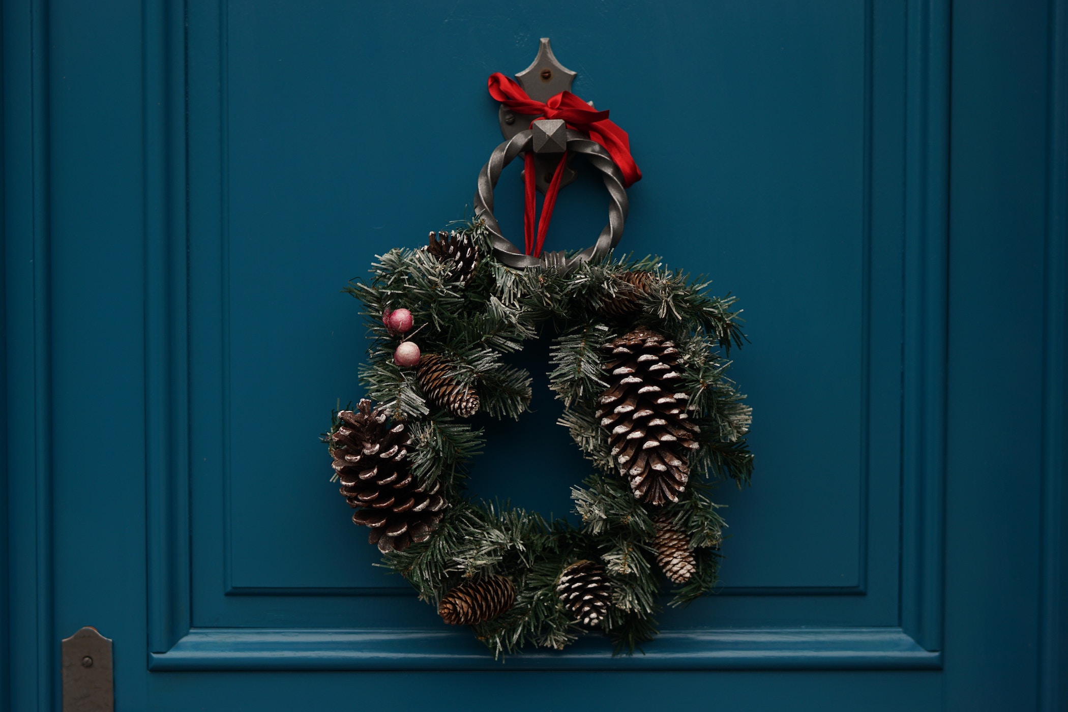 Wreath on a blue front door