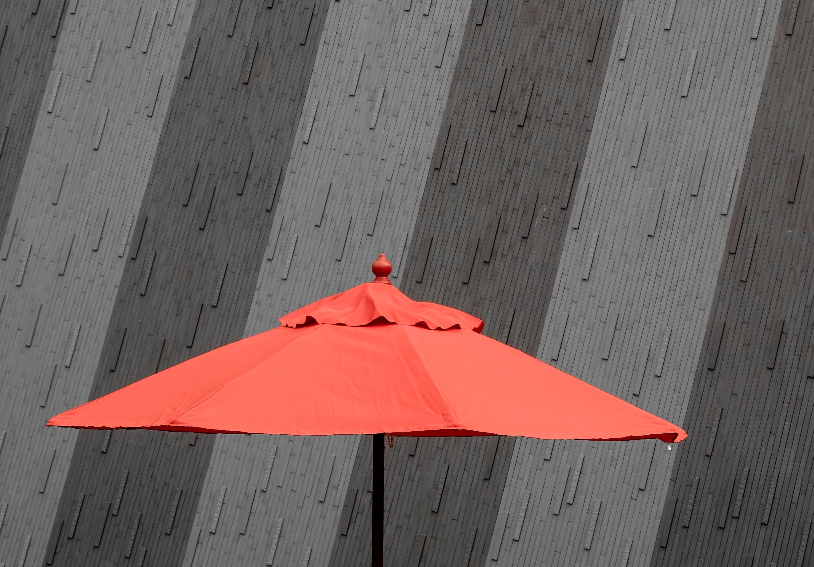 coral colored umbrella against grey backdrop