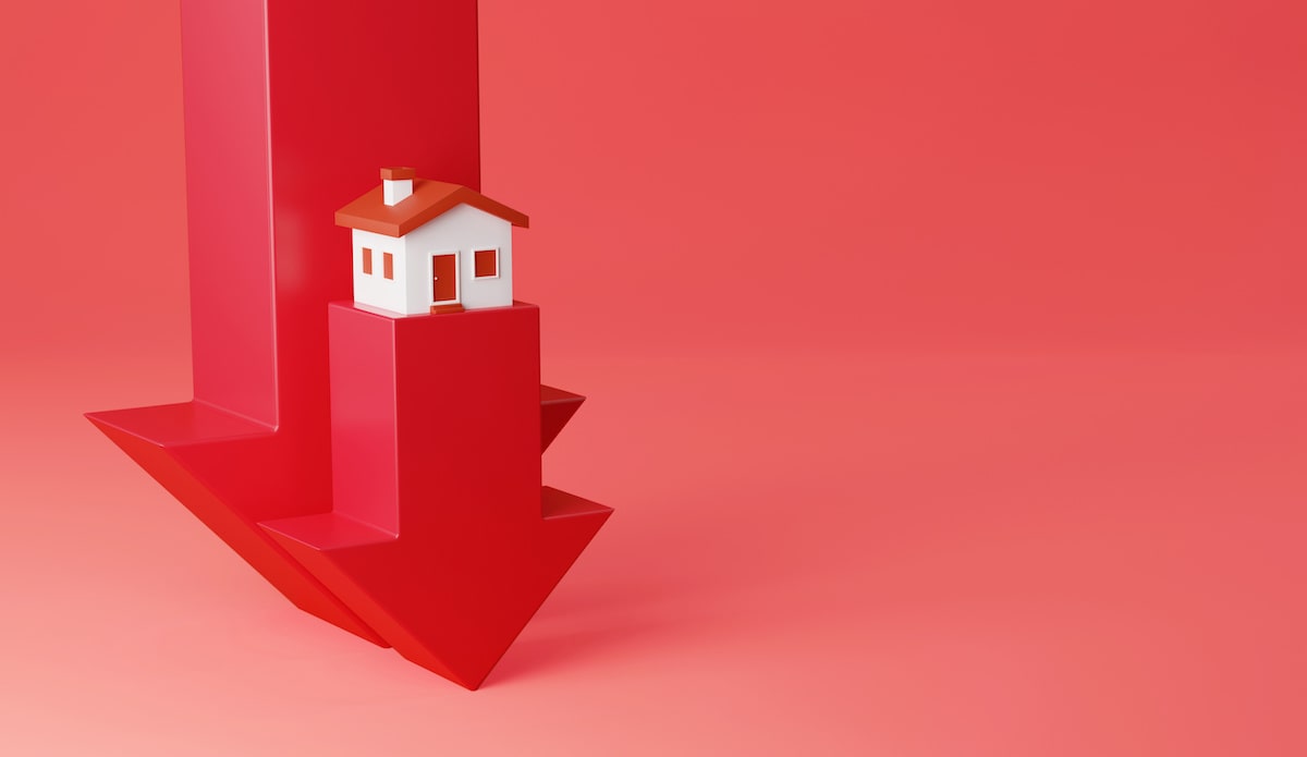 House on top of bright red arrow pointing downward