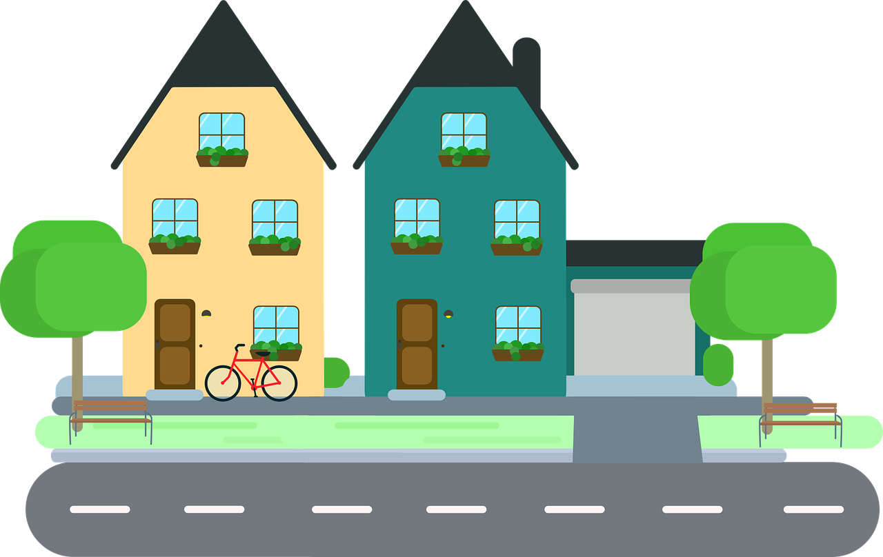 Illustration of two homes, a road, and some trees