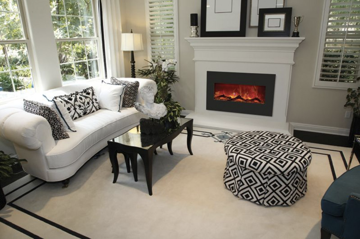 Cozy fireplace in a black-and-white living room interior
