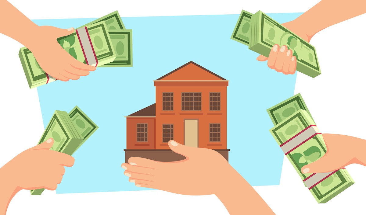 Graphic of hands holding cash near hand holding a house