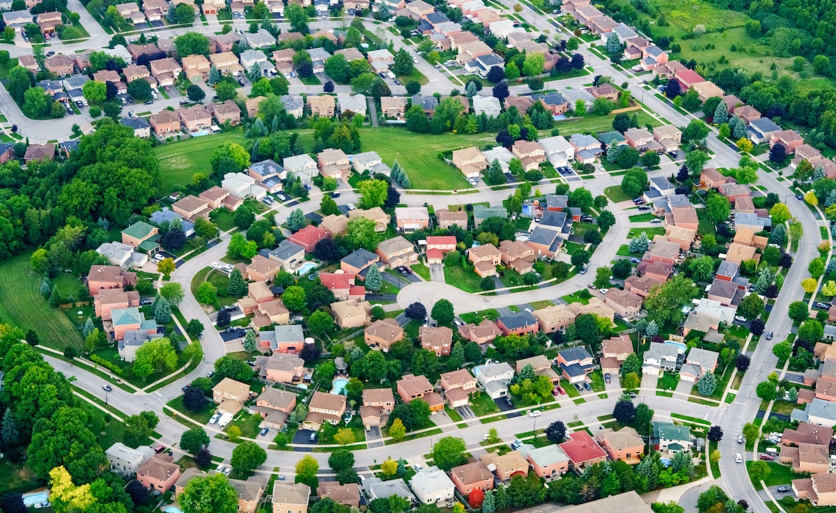 Aerial view of a residential housing development