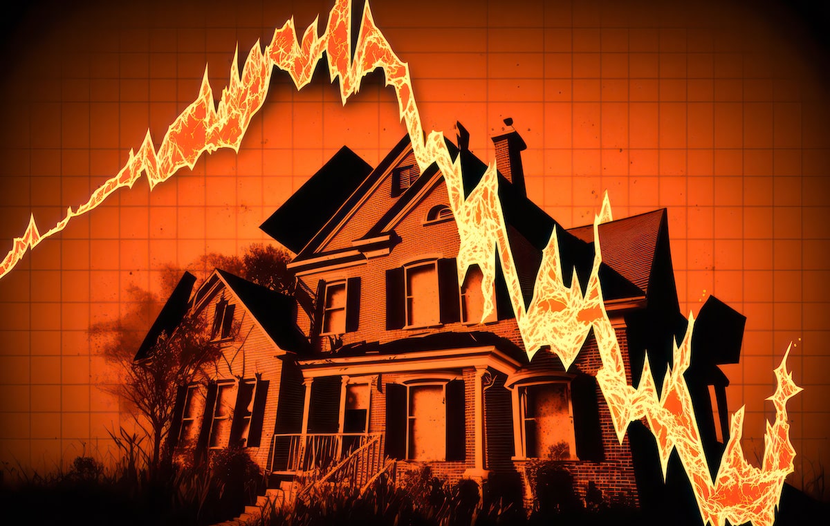 Graphic of large residential house with a jagged tear across the image