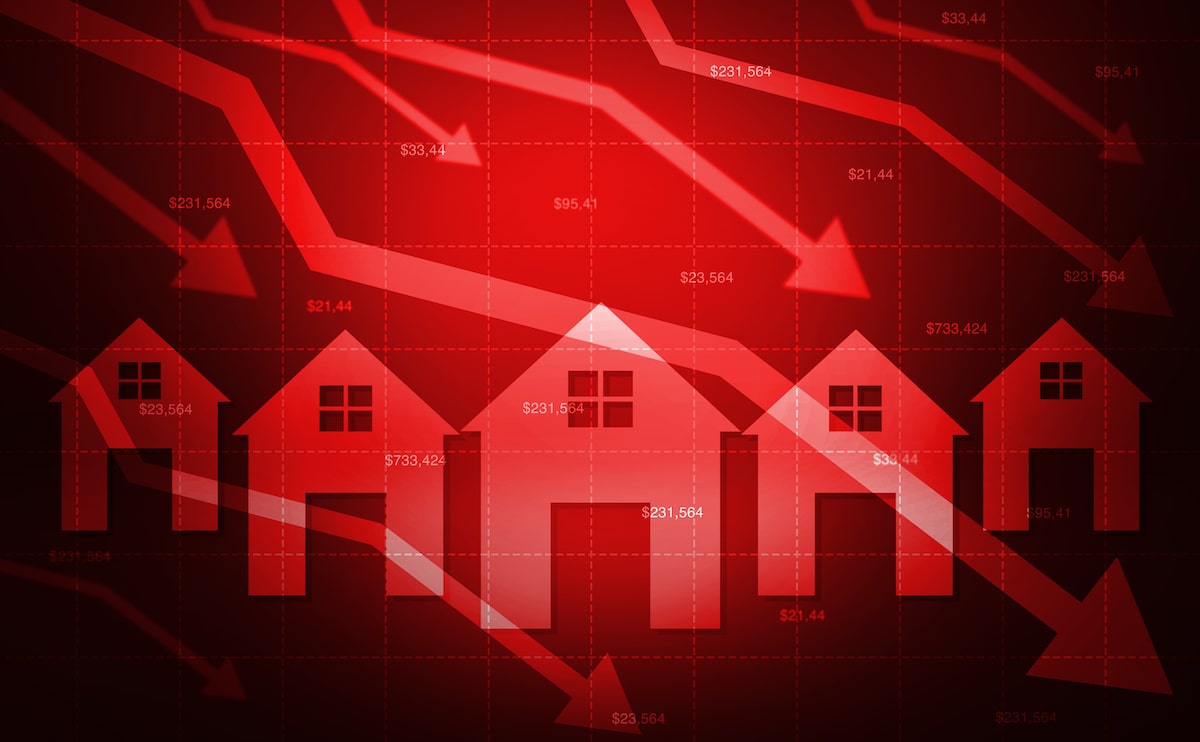 Red chart with downward arrows and home prices backdropped by houses