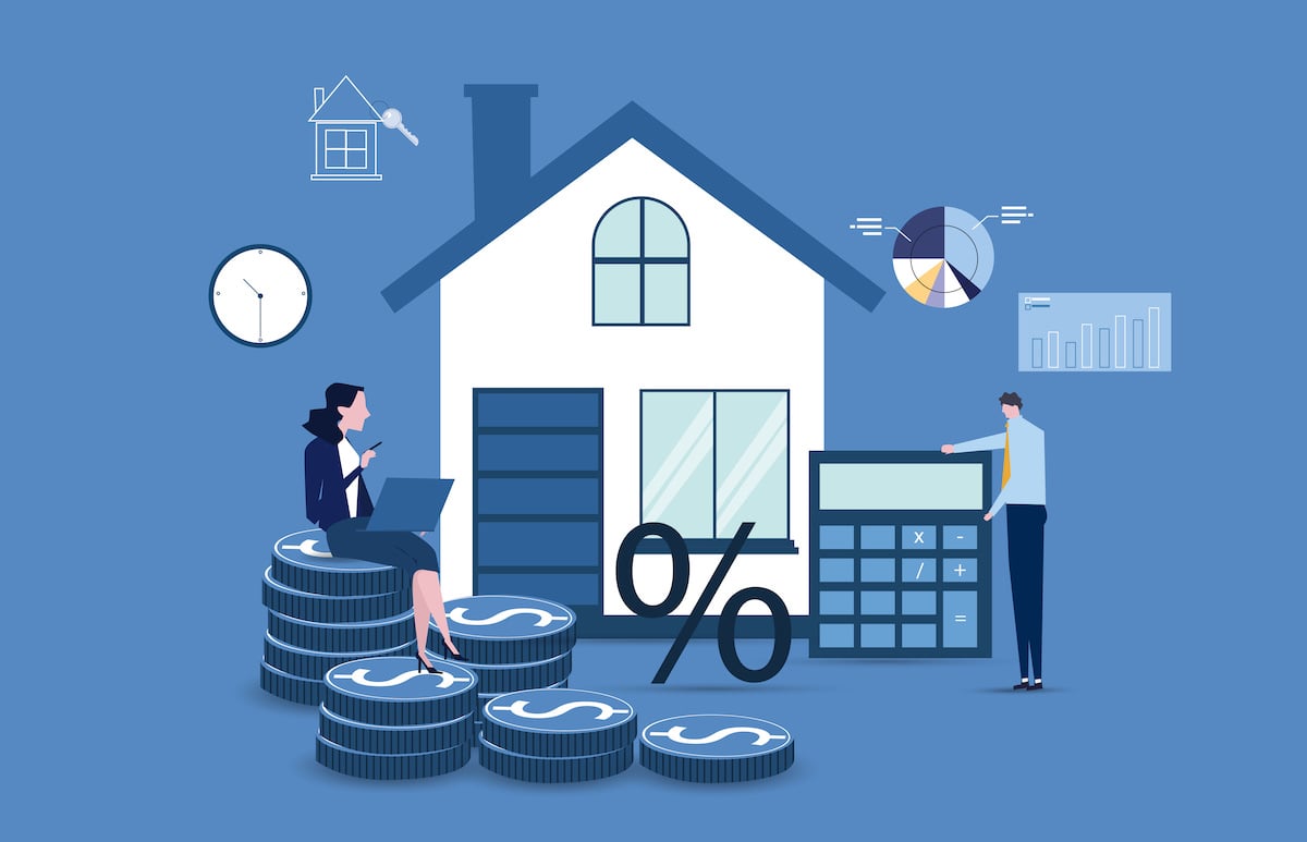 Graphic showing house and homeowners surrounded by a calculator, money, and a clock