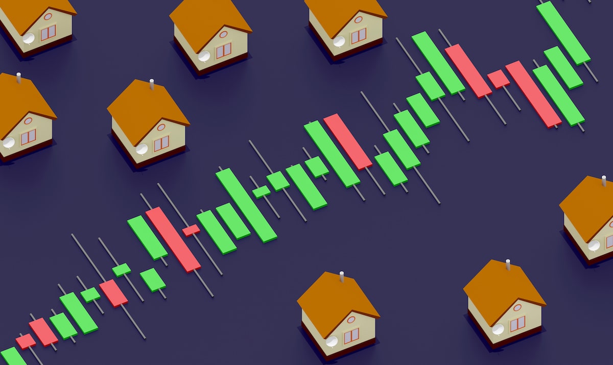 Red and green line graph in between small graphics of houses