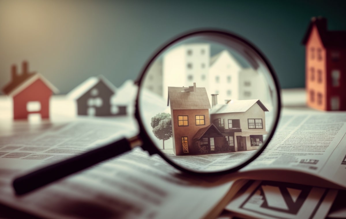 Houses and paperwork under magnifying glass