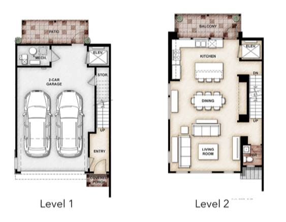 2019 Professional Builder Design Awards Gold Multifamily The Rouge at Pivot floor plans levels 1 and 2