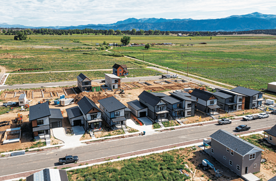 Aerial view of Fading West modular single-family workforce housing community