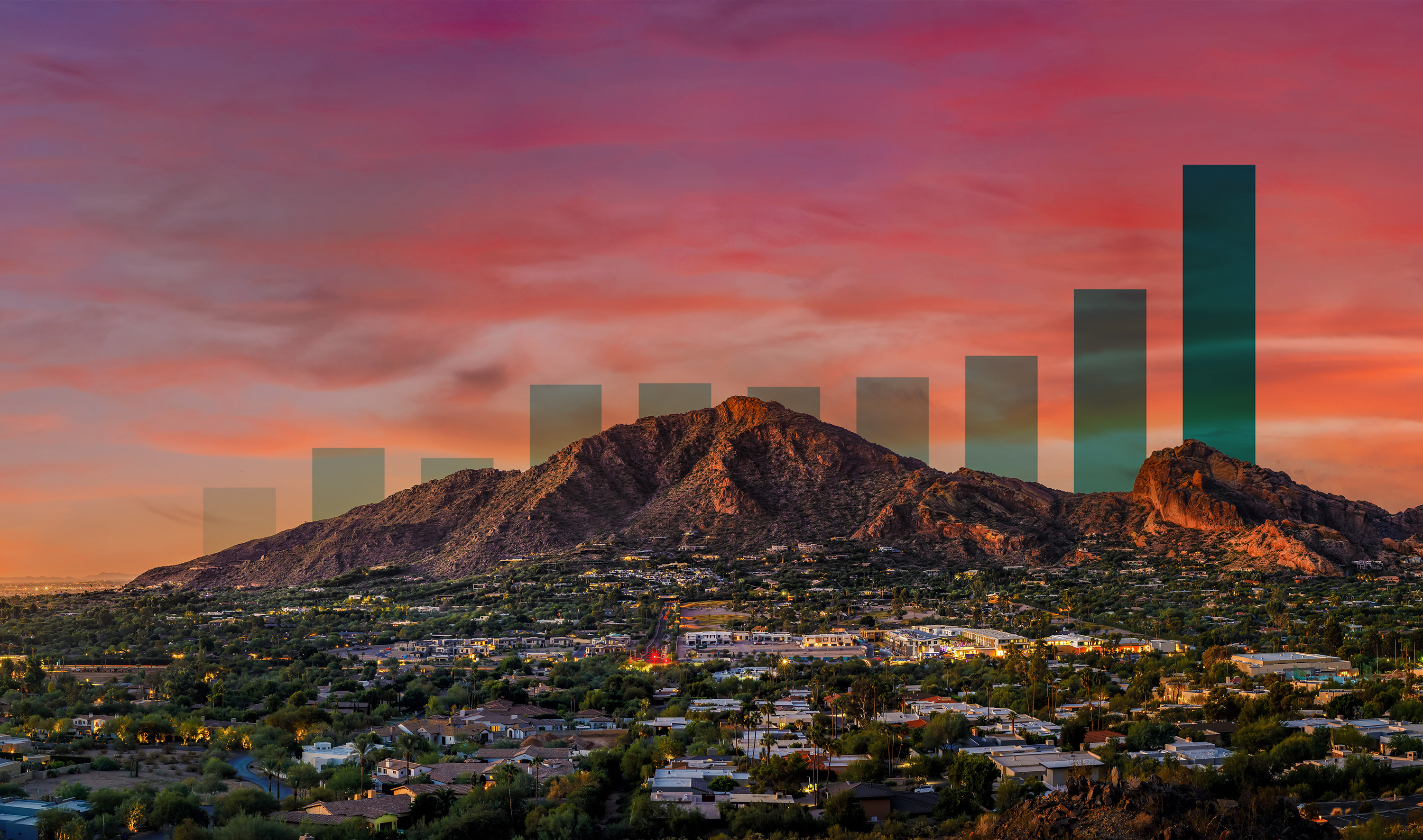 Camelback Mountain in phoenix arizona with sunset and data graph behind