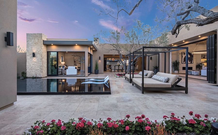 Camelot Homes' Cavallo design, showing the outdoor living space and pool