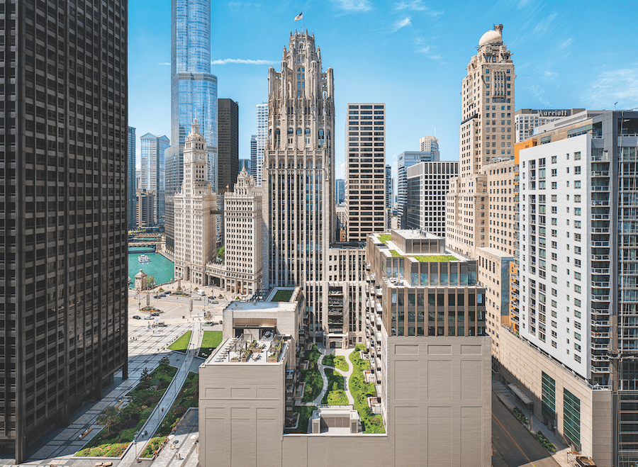 City view showing the adaptive reuse of the Chicago Tribune Tower, a 2023 BALA winning project