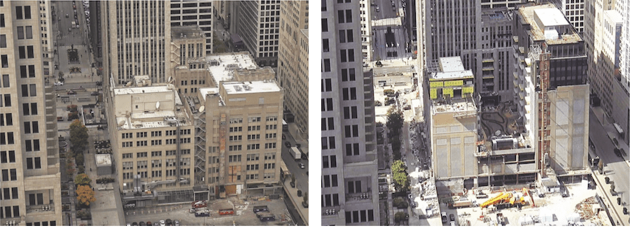 Before and in-progress views of the Chicago Tribune Tower adaptive reuse project, a 2023 BALA winner