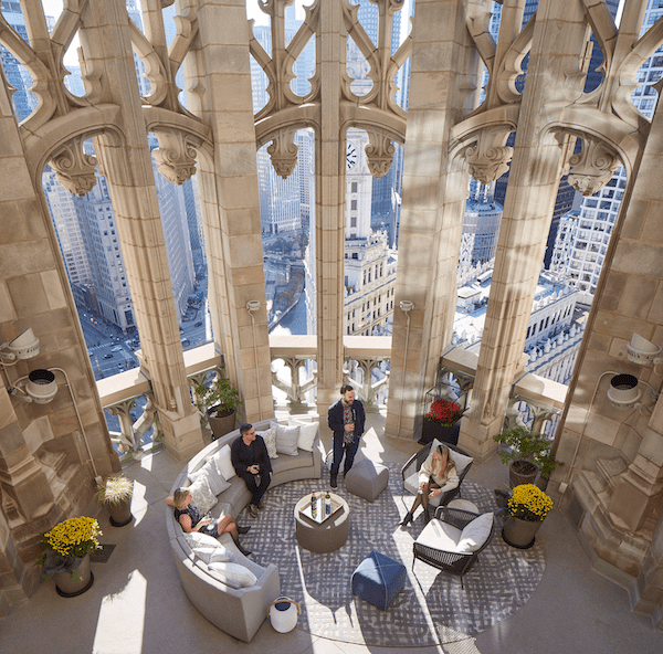Neo-Gothic buttress lounge at the Chicago Tribune Tower, a 2023 BALA adaptive reuse winning project