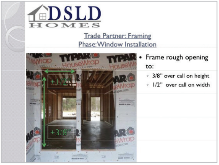 DSLD Homes' construction standards for window installation
