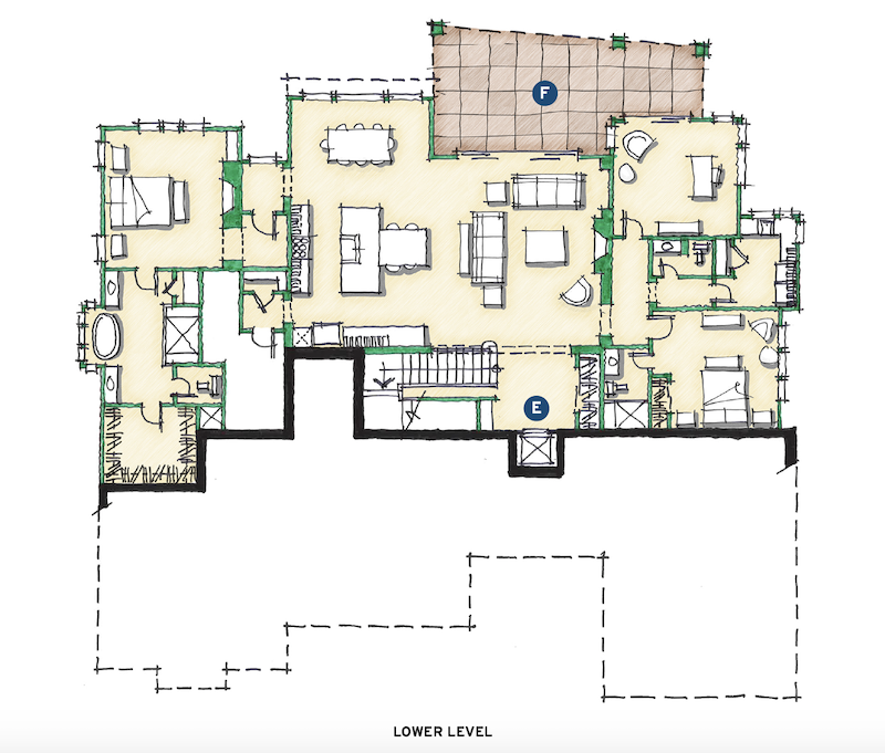 Lower-level plan for DTJ Design's Mountain Triplex home design