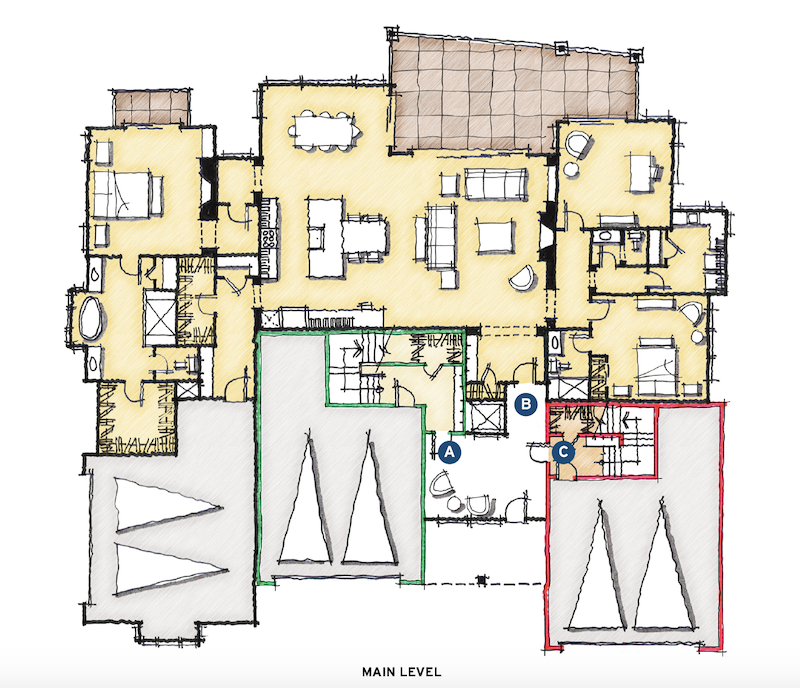 Main-level plan for DTJ Design's Mountain Triplex home design 