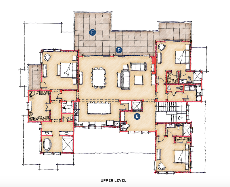 Upper-level plan for DTJ Design's Mountain Triplex home design 