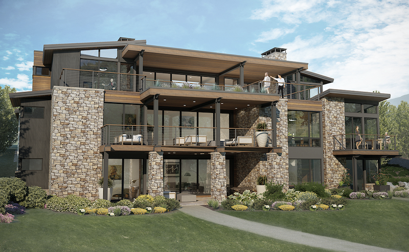 Elevation of DTJ Design's Mountain Triplex showing outdoor living spaces and decks