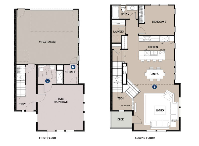 first and second floor plans of the Plan 3 live/work design by Dahlin Group 