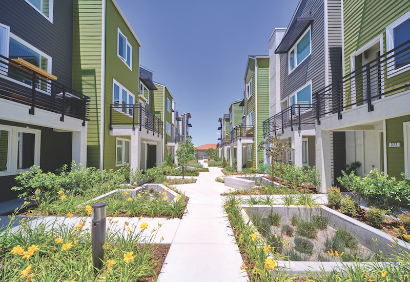 Exterior of Prynt townhomes designed by the Dahlin Group
