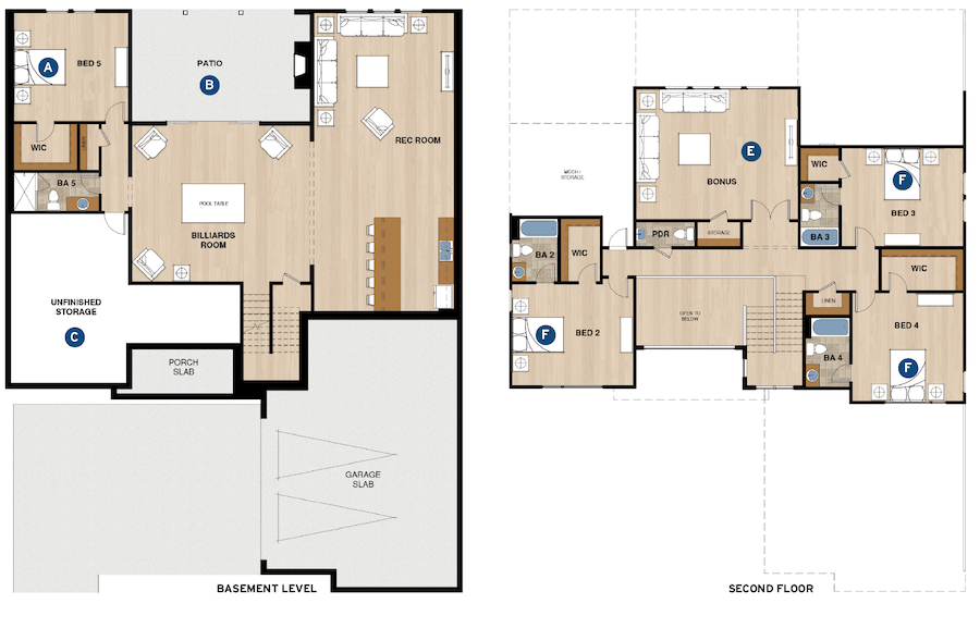 GMD Design Group basement and second-floor plans for The Northwood