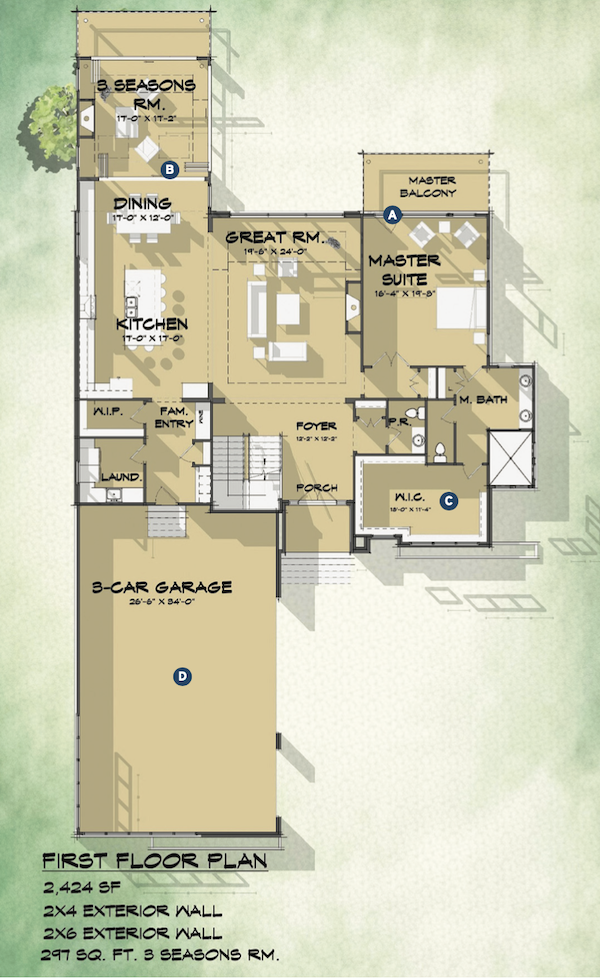 first floor plan of the Janelle luxury home design by TK Design & Associates