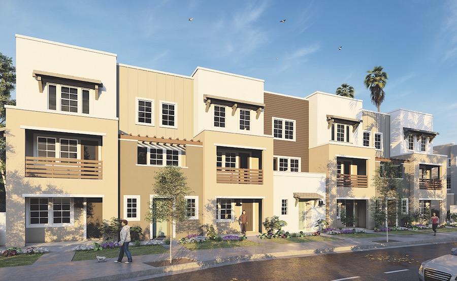 Exterior of three-story townhomes designed by Kevin L. Crook Architect