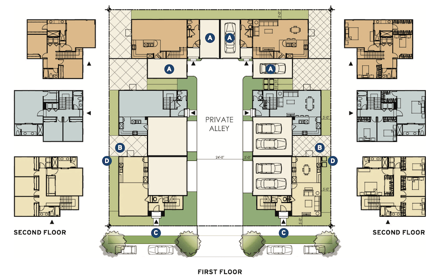 Floor plans for Kevin L. Crook Architect's on-the-boards design for a duplex cluster
