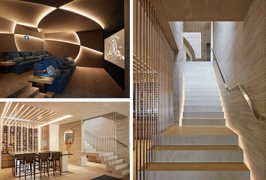 LED lighting used creatively on stairs, in a home theater, and in a wine room