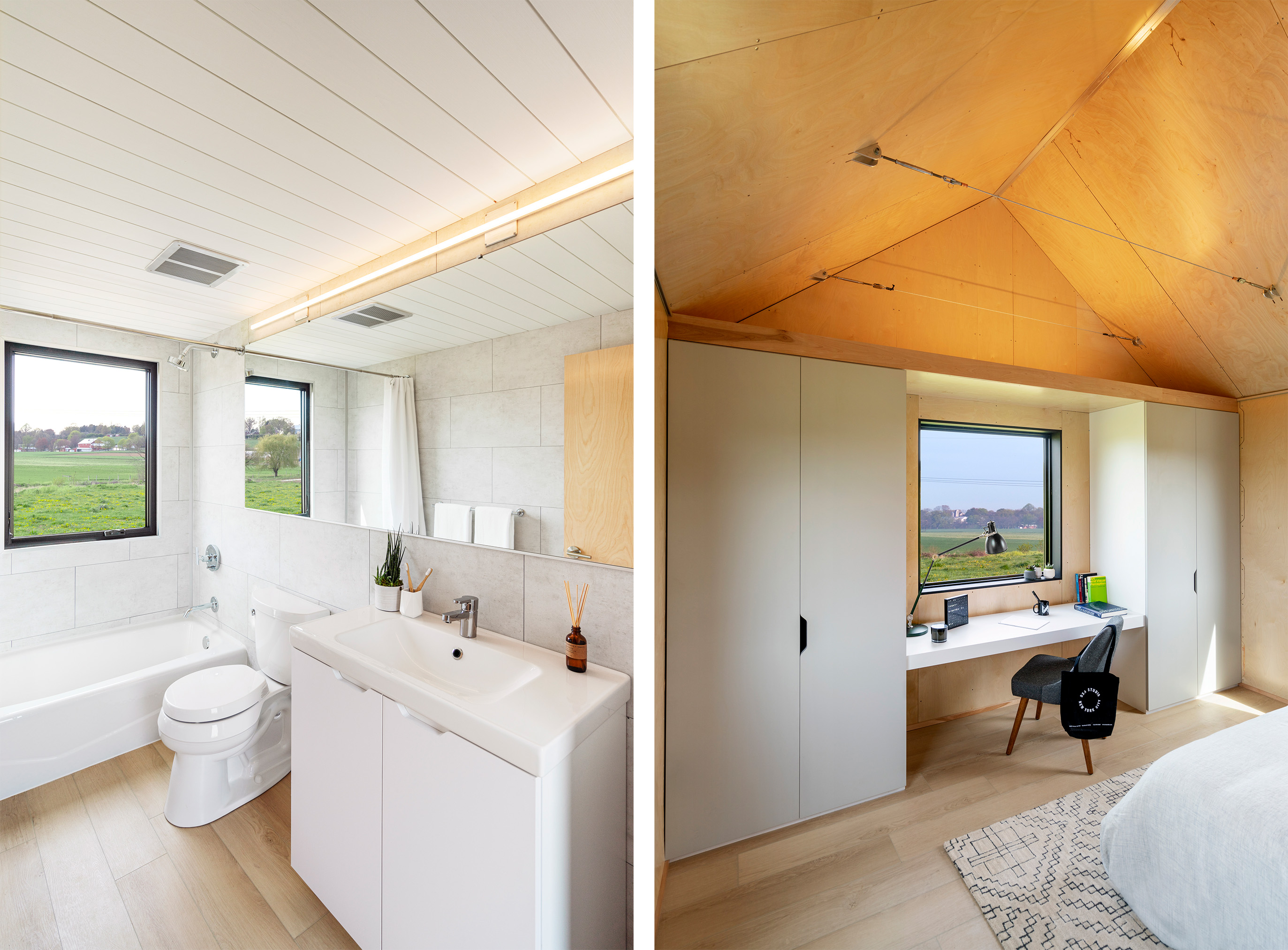 modular tiny home prototype interior bedroom and bathroom