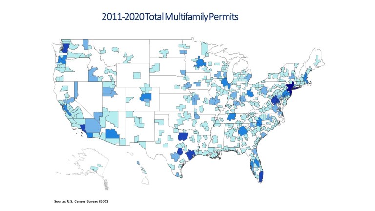 U.S. map showing growth for multifamily construction permits