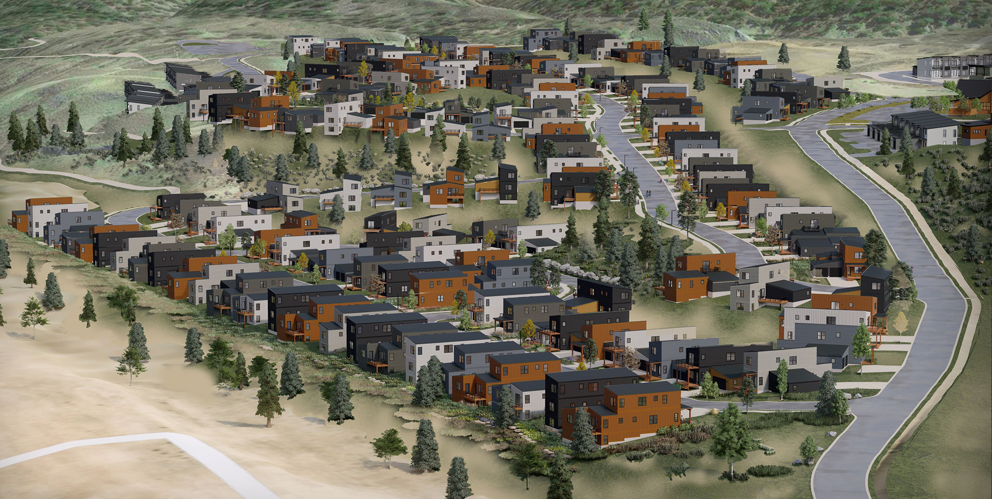 Aerial rendering of modular-built single family home community
