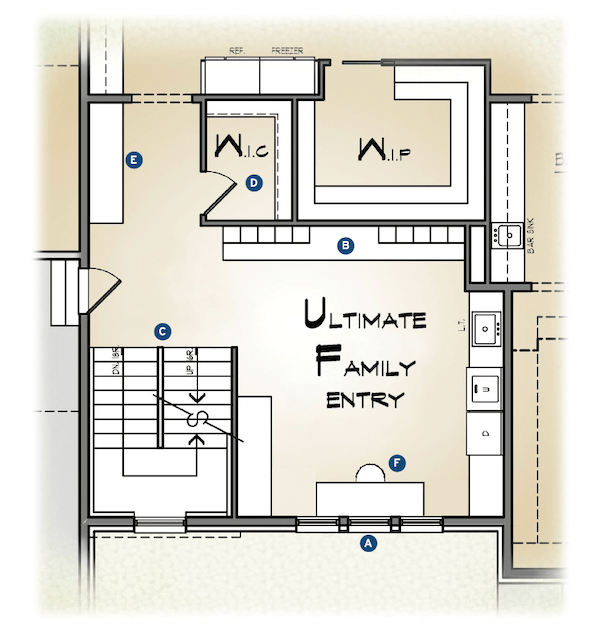 Family entry floor plan in the Marissa by TK Design and Associates