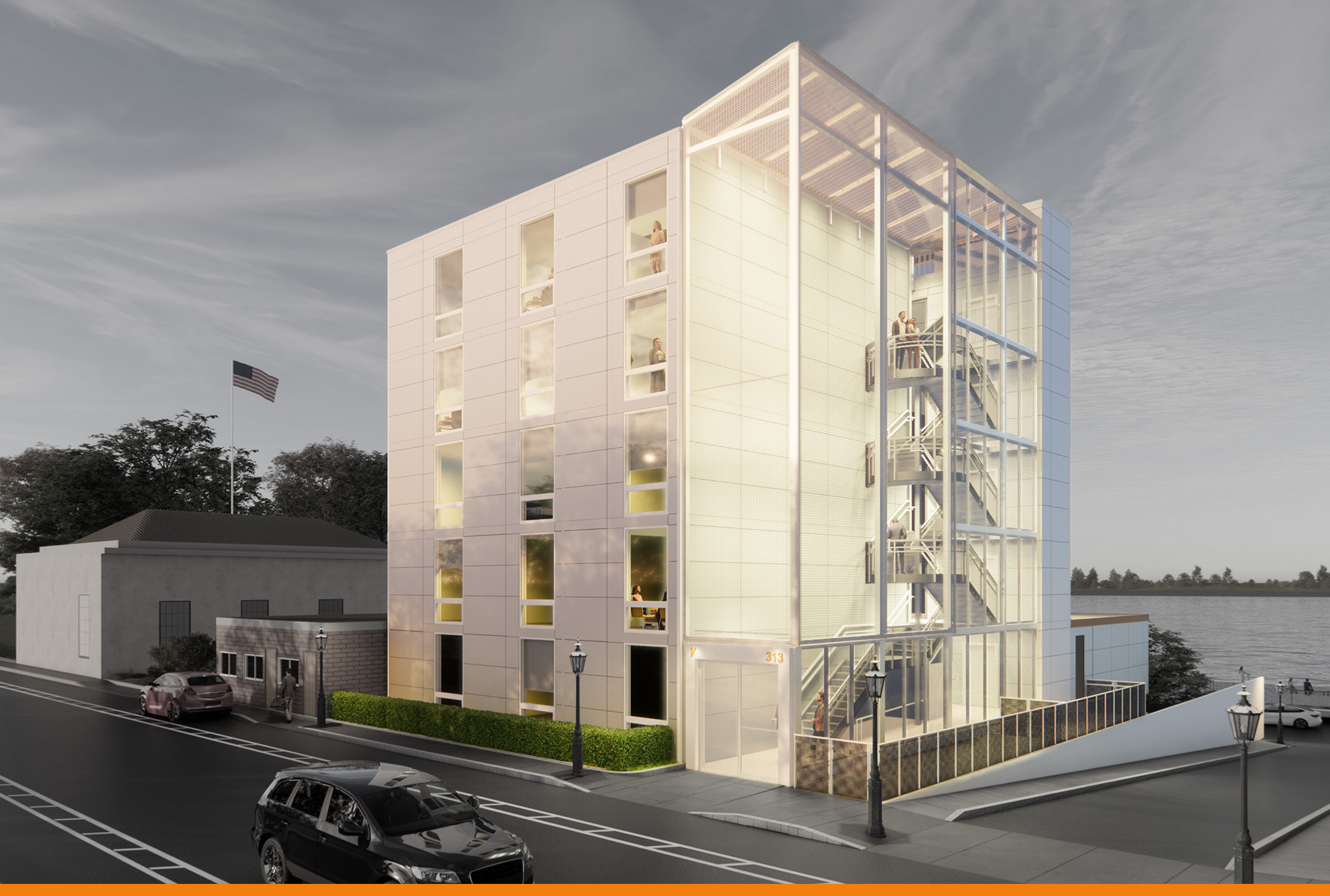 Prefabricated 30-unit apartment building rendering exterior