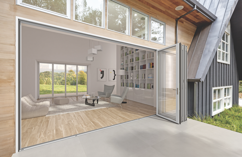The NanaWall SL84 aluminum door system creates expansive openings to the outdoors