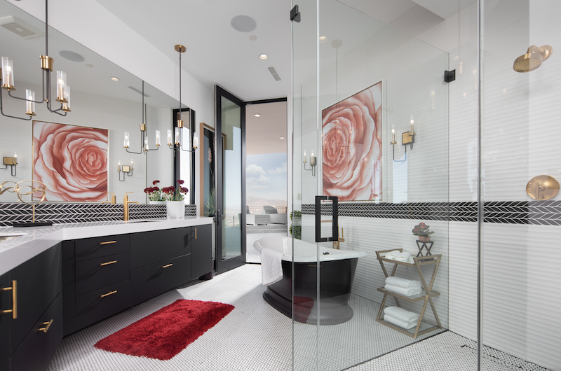 New American Home mini master bathroom with light-dark dramatic color scheme