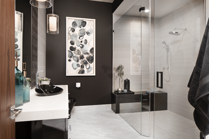 New American Home study bathroom with light-dark dramatic color scheme